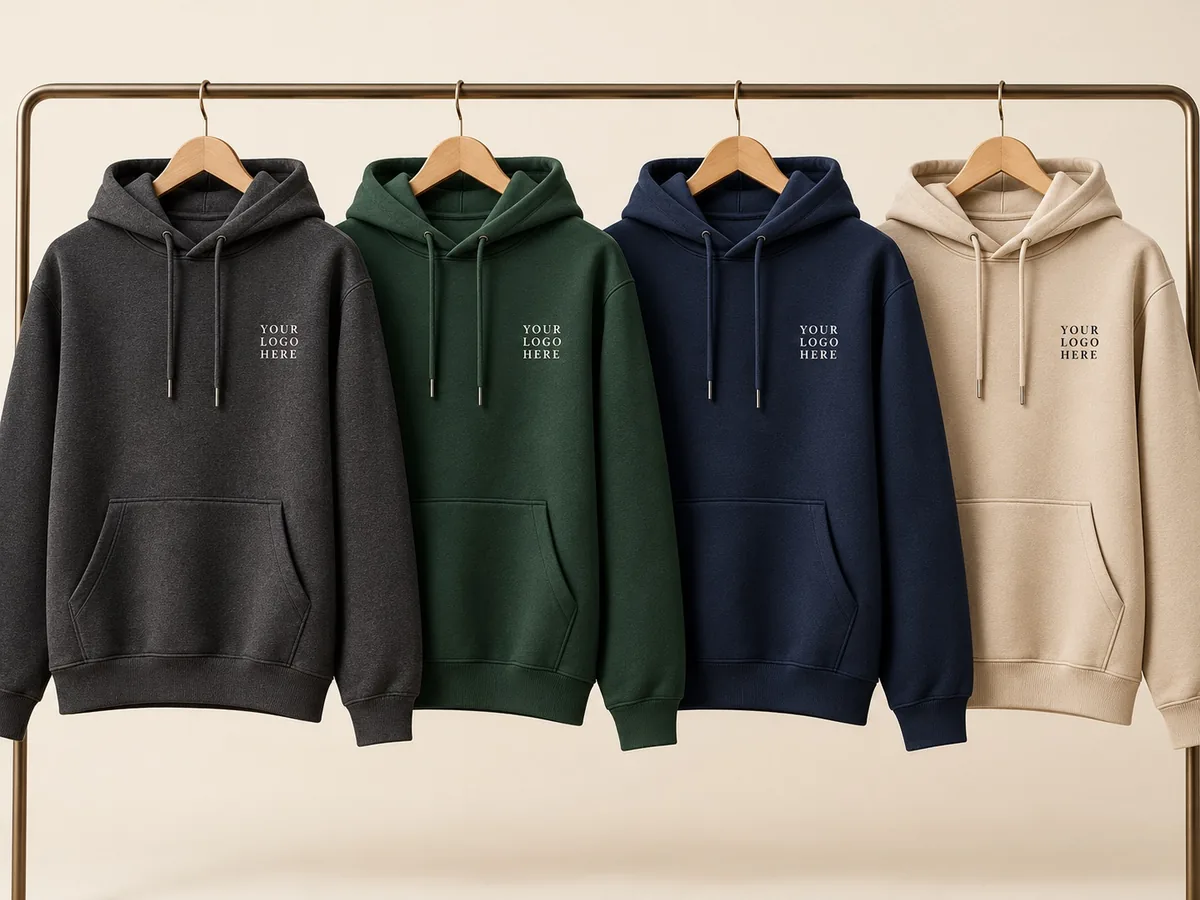 Hoodies in charcoal, green, navy and sand