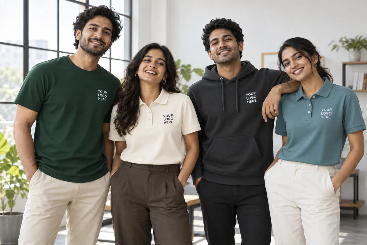 A team wearing tees, polos and a hoodie with YOUR LOGO HERE placements