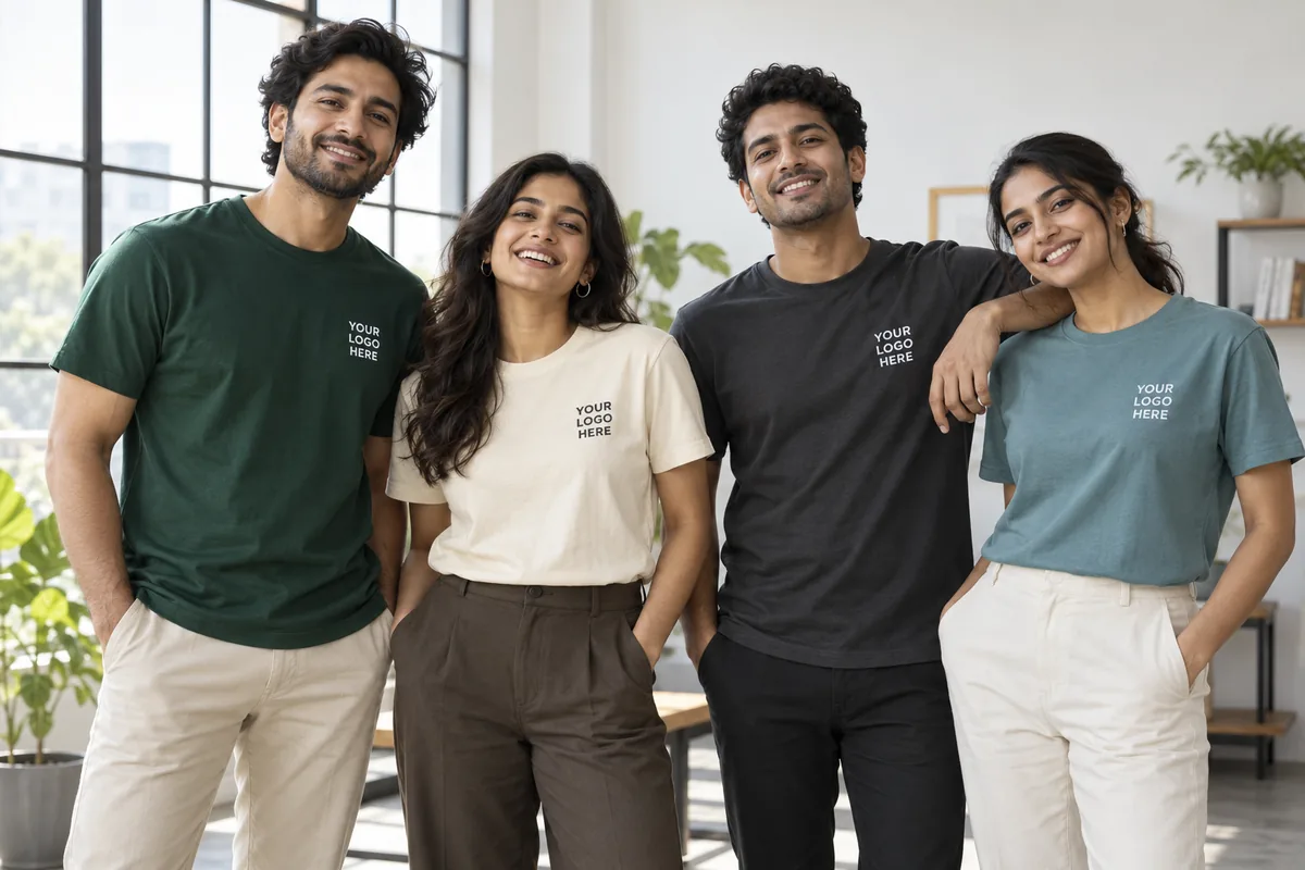 Team in branded apparel